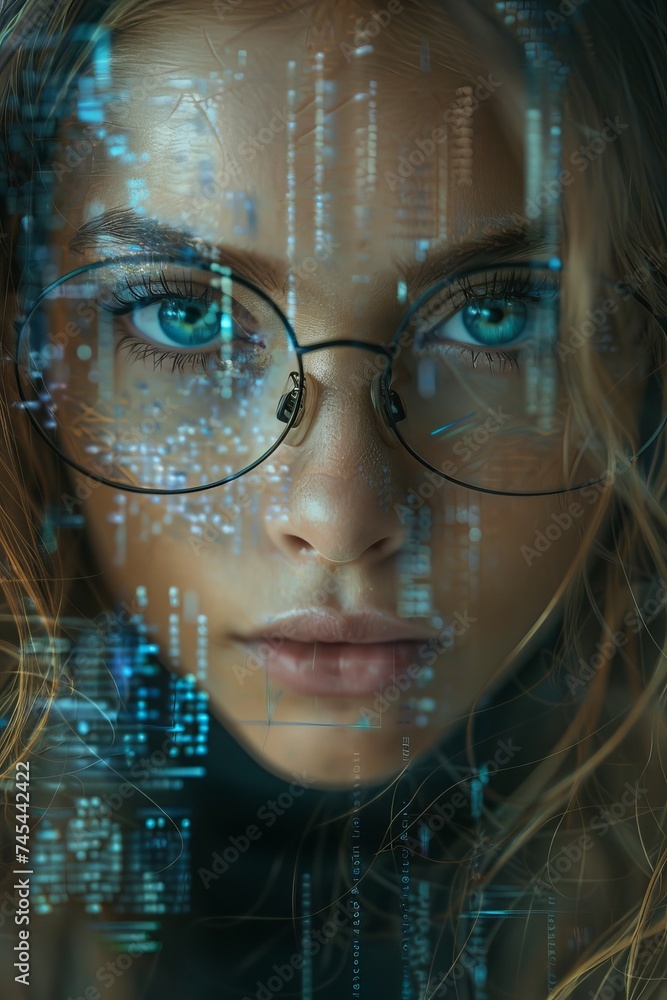Woman with striking blue eyes, peering through glasses that reflect a complex digital code, data analysis and cybersecurity insights Woman with striking blue eyes, peering through glasses that reflect a complex digital code, data analysis and cybersecurity insights