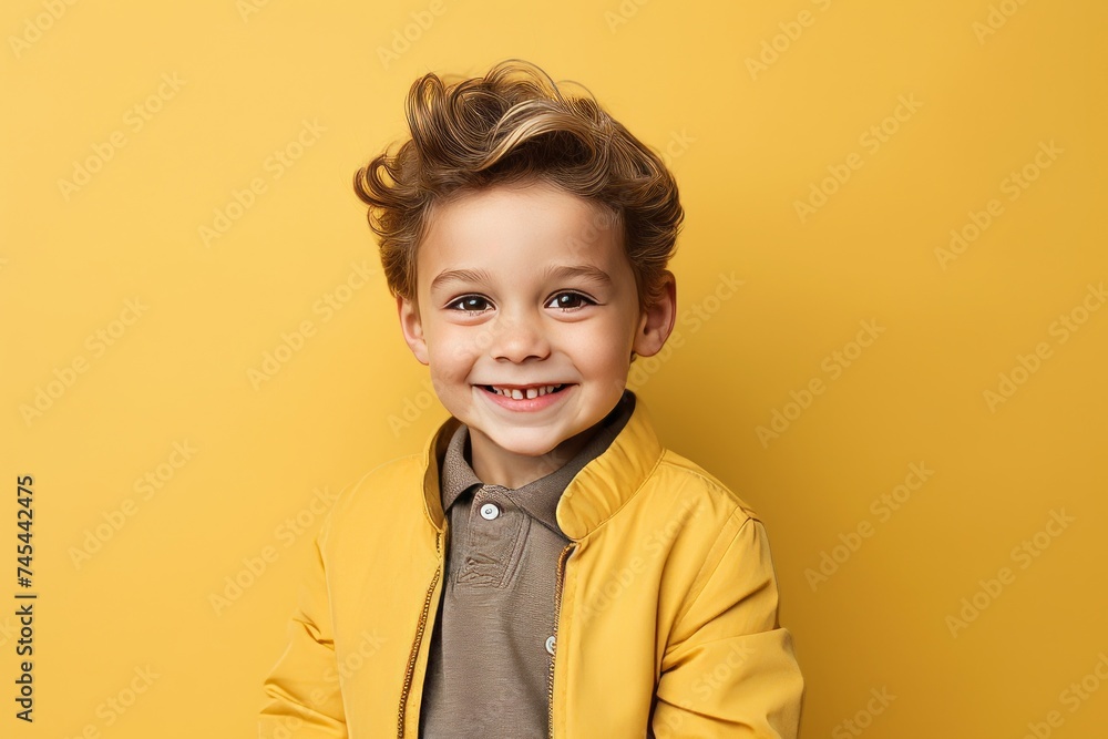 Portrait of a smiling little boy in a yellow jacket on a yellow background Portrait of a smiling little boy in a yellow jacket on a yellow background