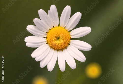 Close up of a white daisy with a yellow center against a green background with soft focus white generative AI