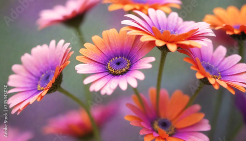 Close up of purple and orange daisy like flowers with a soft focus background generative AI © MADJDIVECTOR