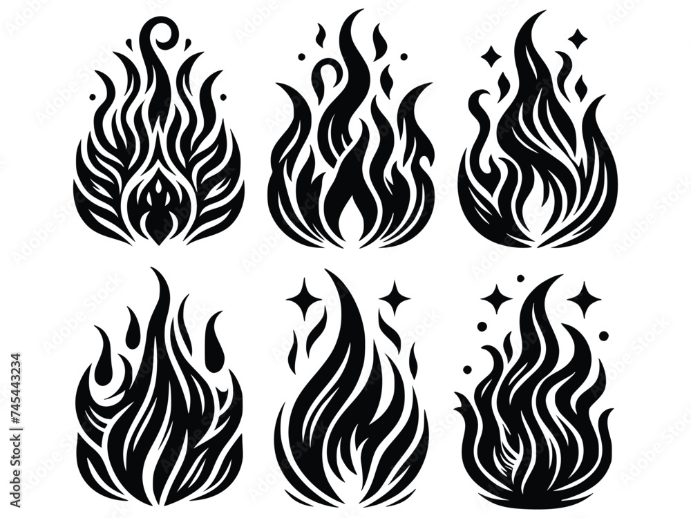 Classic silhouette flame. Black fire set isolated on white background. Old school tattoo neo-tribal style or silhouette flame for cars. Minimalistic stylish fire outline and filled contour. Vector set Classic silhouette flame. Black fire set isolated on white background. Old school tattoo neo-tribal style or silhouette flame for cars. Minimalistic stylish fire outline and filled contour. Vector set
