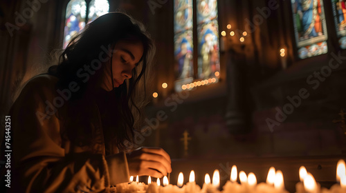 Mulher acendendo vela em igreja iluminada em closeup com vitrais coloridos ao fundo photo