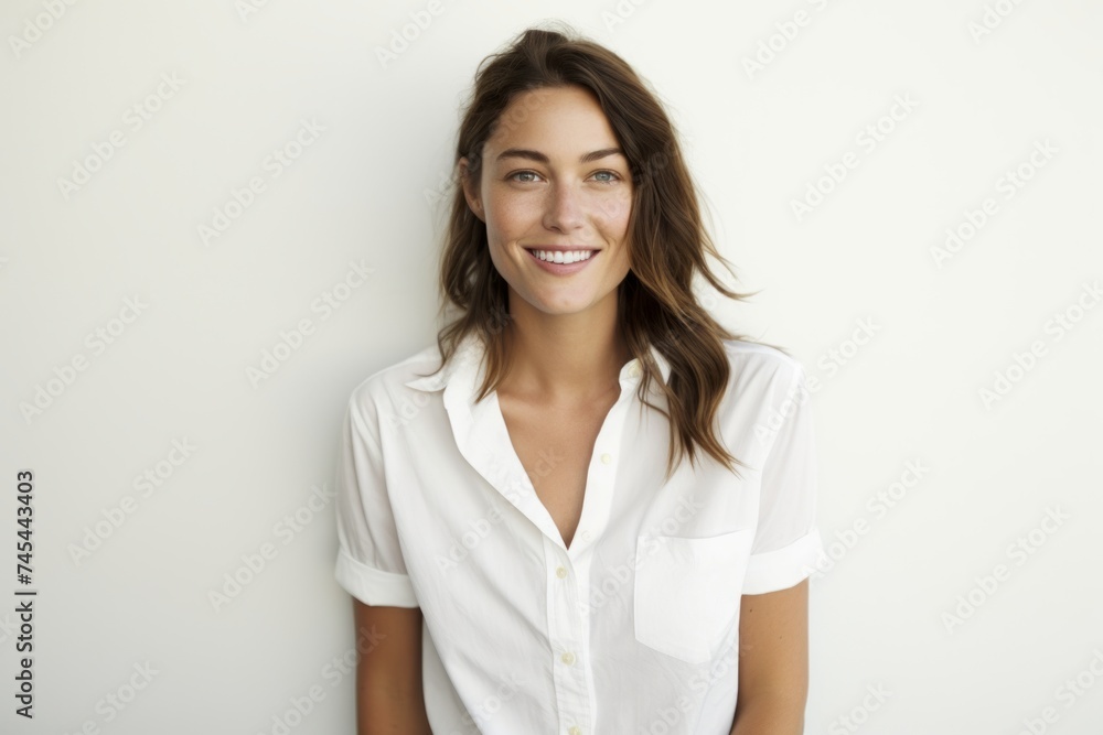 Portrait of a smiling young woman in a white shirt on a white background