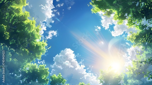 A fresh spring  summer sky background with strong sunlight shining through the trees.