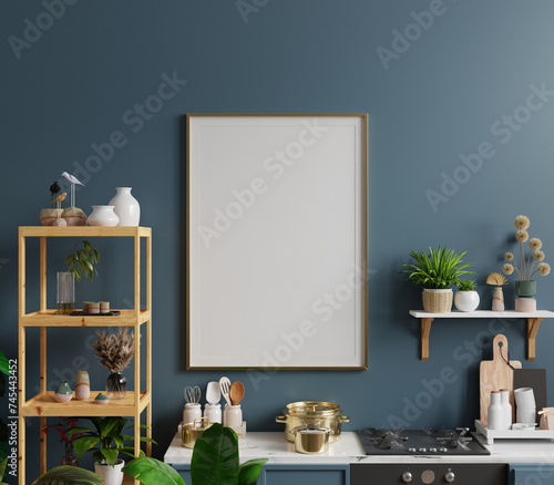 Mockup poster frame in kitchen interior on dark blue wlall photo