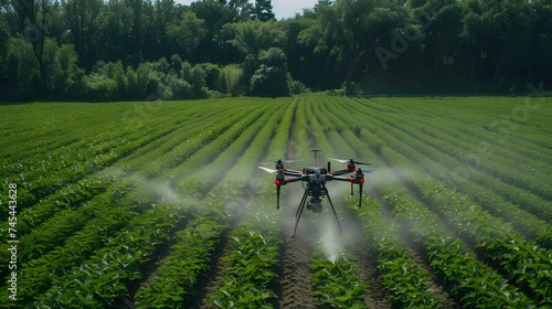 Agriculture drone fly and spray fertilizer on fields.