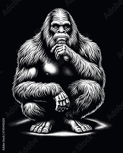 Thoughtful bigfoot in dotwork style, vertical black and white vector image