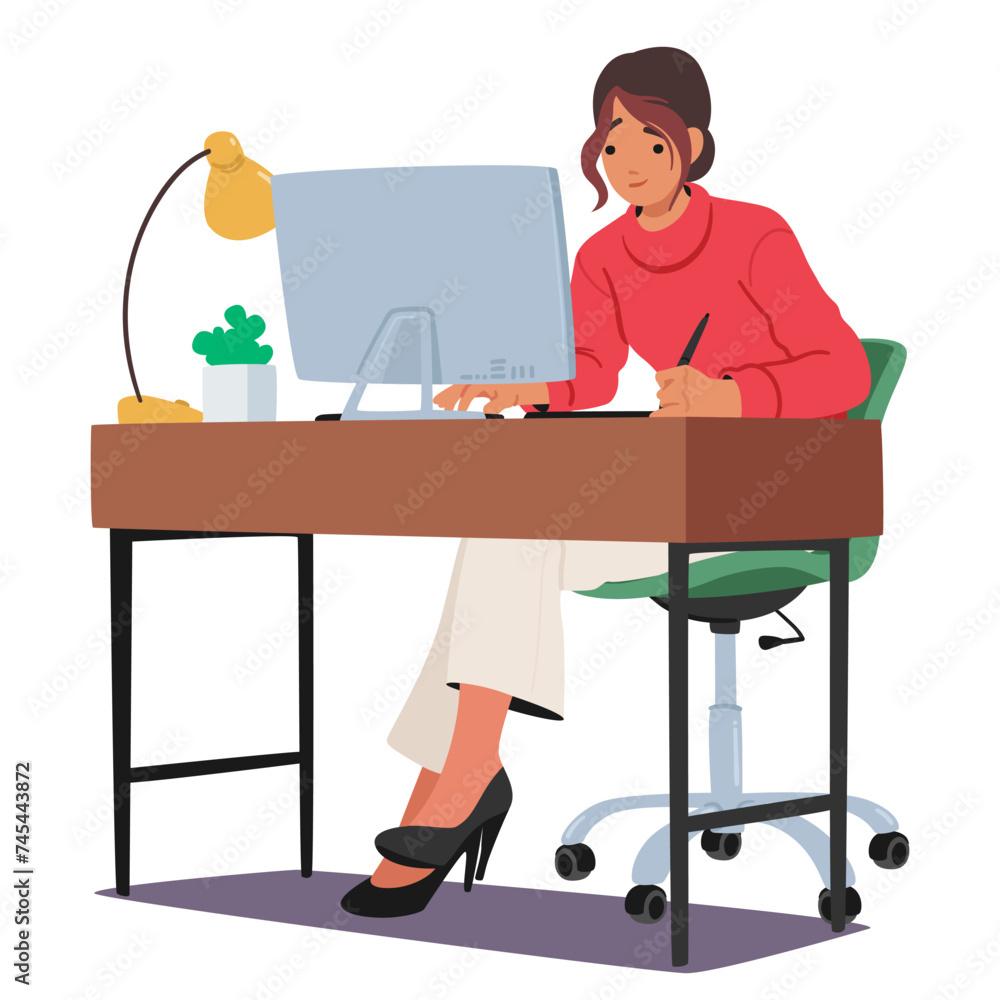 Designer Illustrator Female Character Blends Art And Technology, Crafting Visual Concepts By Hand Or Software Designer Illustrator Female Character Blends Art And Technology, Crafting Visual Concepts By Hand Or Software