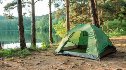 Camping green tent in forest near lake
