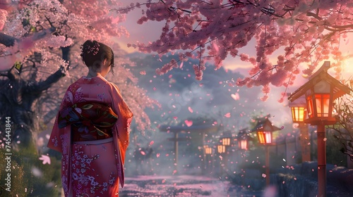 Asian woman in kimono in scenic cherry blossom garden, sakura in Japan.