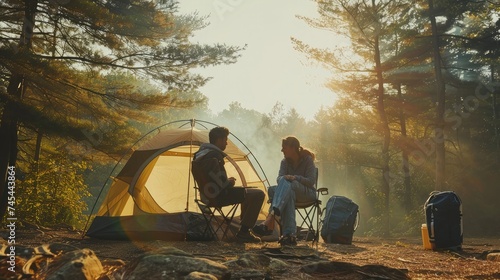 Cropped image of man and woman sitting in chairs outside the tent. Couple camping in forest.