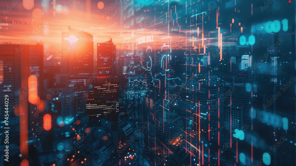 Double exposure of city, graph, stock display and money for finance and business concept Double exposure of city, graph, stock display and money for finance and business concept