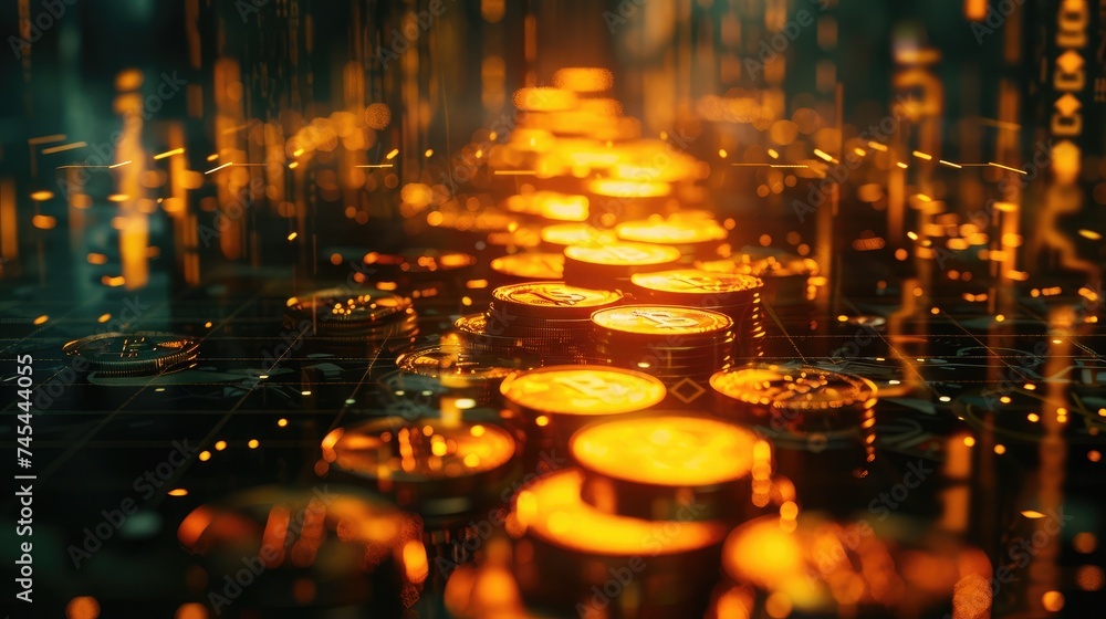 Double exposure of graph and rows of coins for finance and business concept Double exposure of graph and rows of coins for finance and business concept