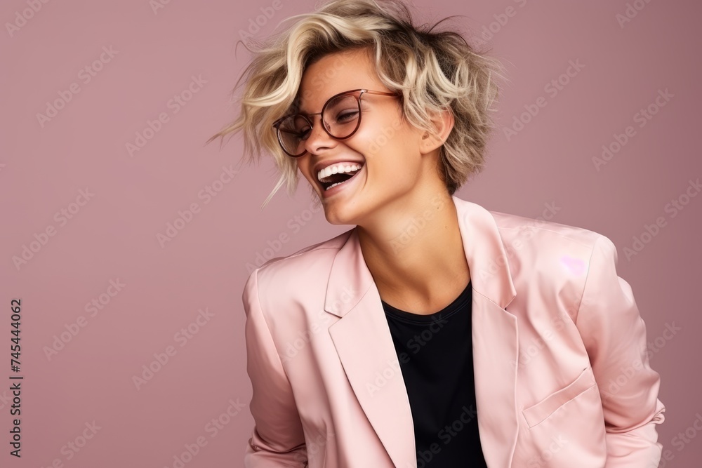 Portrait of a happy young woman in pink jacket and glasses.