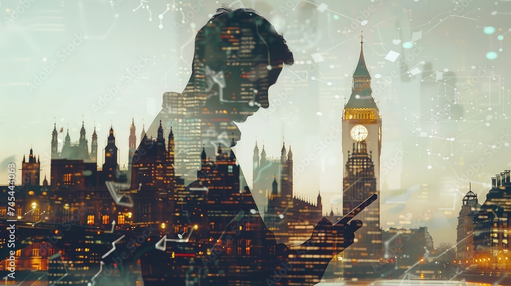 Double exposure of success businessman using digital tablet with london building and social media diagram - obrazy, fototapety, plakaty 