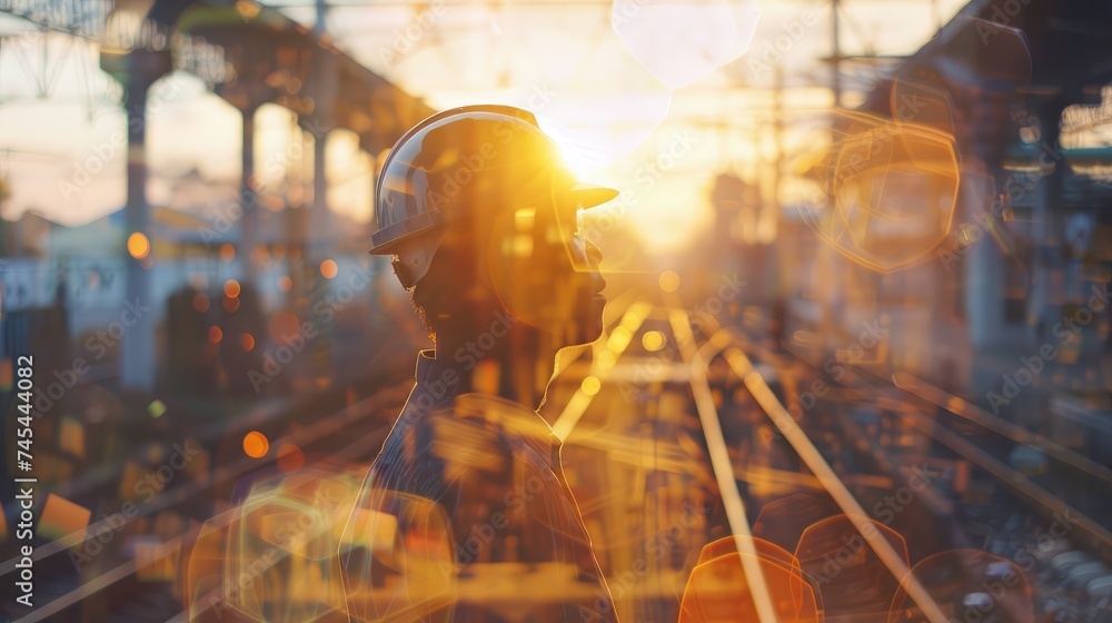 Double exposure of team railway engineer is on duty in work site with abstract bokeh backgrounds, use for banner cover.