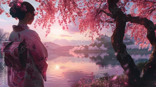 Asian woman in kimono in scenic cherry blossom garden, sakura in Japan.