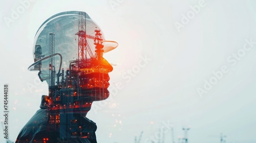 Double exposure of Engineer or Technician man with safety helmet operated platform or plant by using tablet with offshore oil and gas platform background for oil and gas business concept