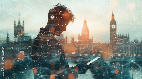 Double exposure of success businessman using digital tablet with london building and social media diagram