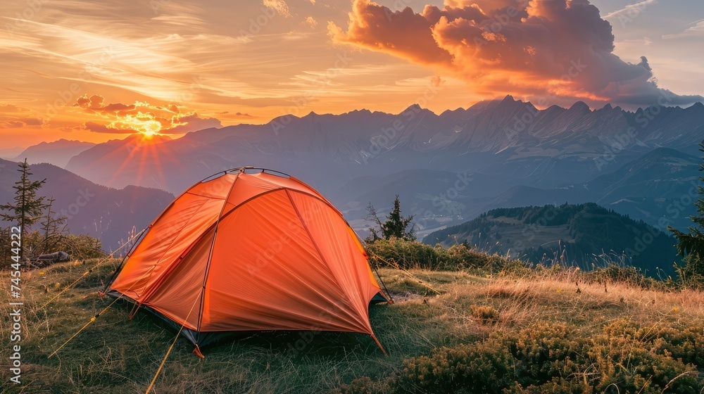Glowing orange tent in the mountains under dramatic evening sky. Red sunset and mountains in the background. Summer landscape.