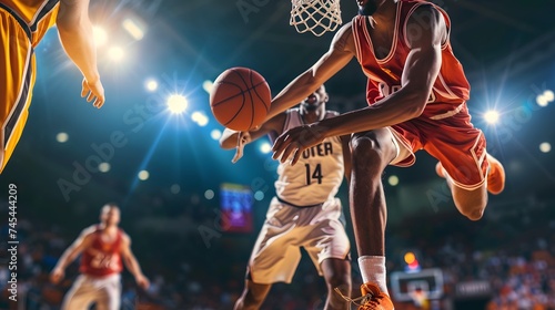 College Basketball Playoffs: Basketballers Passing and Dribbling Past Rival Team, Talented Players Score Goals. Live TV and Internet Broadcast on Sports Channel. High Angle Footage photo