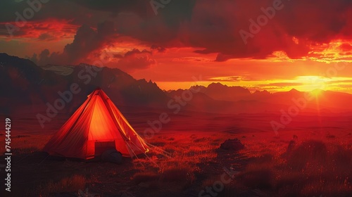 Glowing orange tent in the mountains under dramatic evening sky. Red sunset and mountains in the background. Summer landscape.