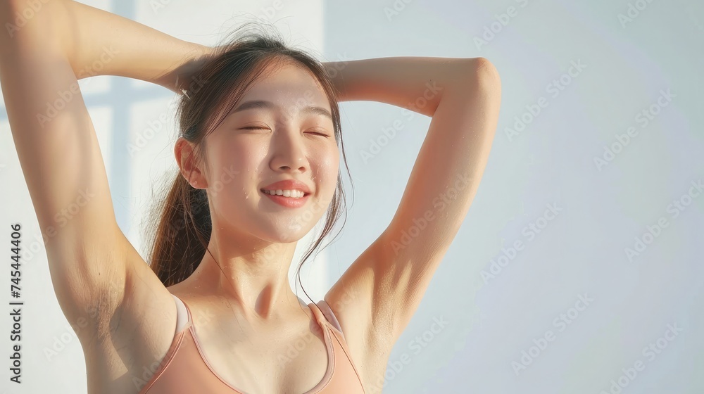 Portrait of beautiful healthy asian armpit waxing woman sport wear copy space white background. People beauty perfect body slim fit fitness sexy girl happy relax. Freedom lifestyle healthcare concept Portrait of beautiful healthy asian armpit waxing woman sport wear copy space white background. People beauty perfect body slim fit fitness sexy girl happy relax. Freedom lifestyle healthcare concept