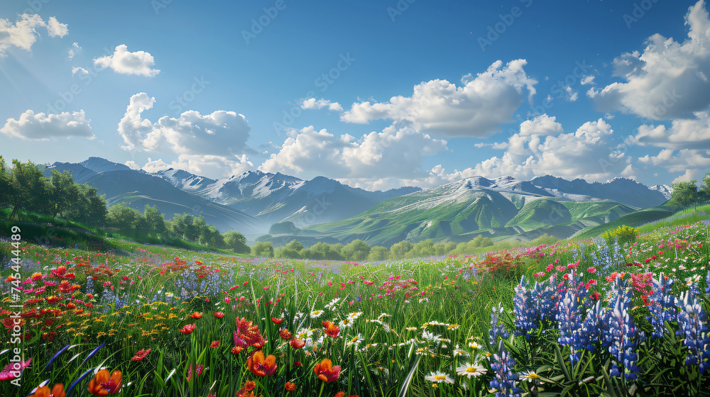 image of a spring landscape with lush green rolling hills, dotted with colorful wildflowers, under a clear blue sky with fluffy white clouds image of a spring landscape with lush green rolling hills, dotted with colorful wildflowers, under a clear blue sky with fluffy white clouds