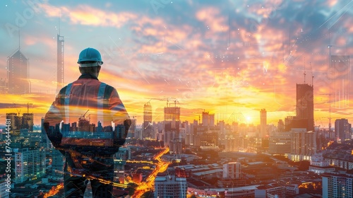 The double exposure image of the engineer standing back during sunrise overlay with cityscape image. The concept of engineering  construction  city life and future