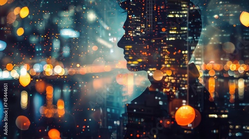 Businessman looking at illuminated night city. Double exposure