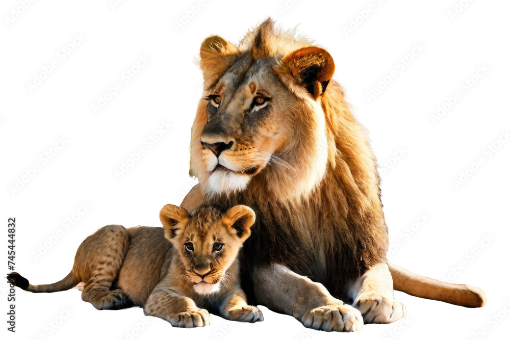 a high quality stock photograph of a single mother lion with cub full body isolated on a white background a high quality stock photograph of a single mother lion with cub full body isolated on a white background