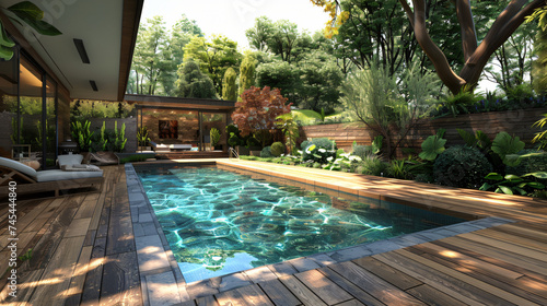  photo-realistic image of a modern home with a swimming pool, surrounded by a wooden deck and lush landscaping