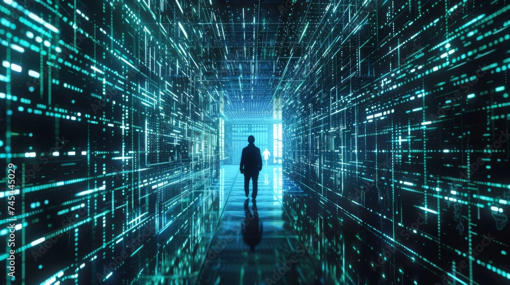 Digital analytics data visualization. Person standing in front of holographic displays. Big data. Network connection. Artificial intelligence technology. Digital tech. Digital analytics data visualization. Person standing in front of holographic displays. Big data. Network connection. Artificial intelligence technology. Digital tech.
