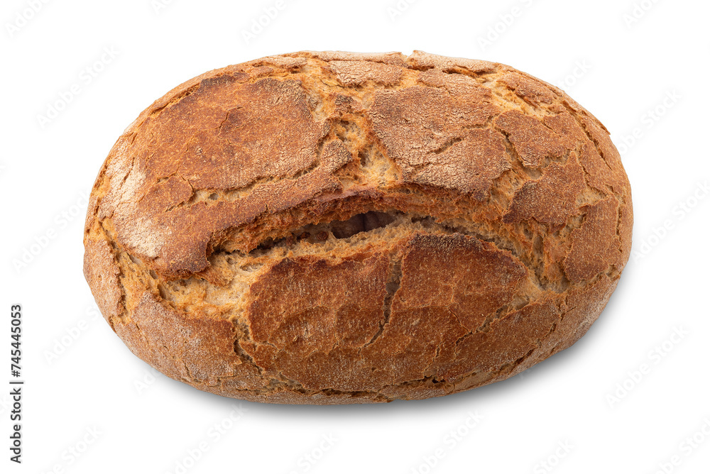 Loaf of whole grain rye bread with brown crust top view isolated Loaf of whole grain rye bread with brown crust top view isolated