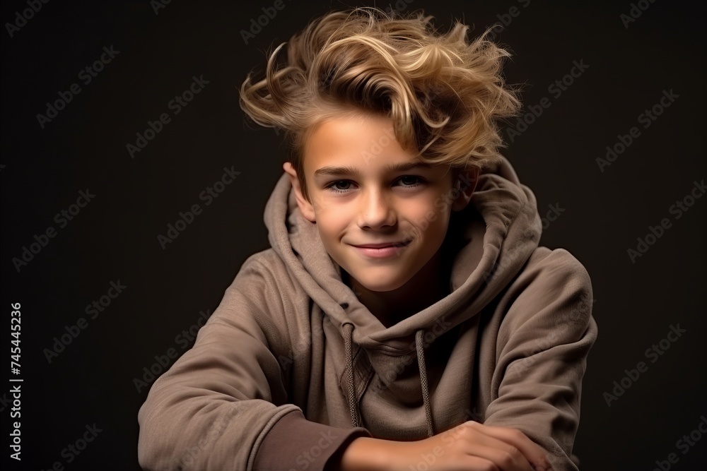 Portrait of a cute young boy in a sweatshirt. Studio shot.