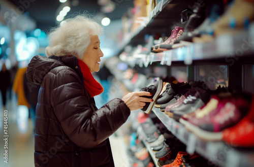 AI image of Asian senior woman choosing shoes in shop. Modern and comfortable shoes for mature people.