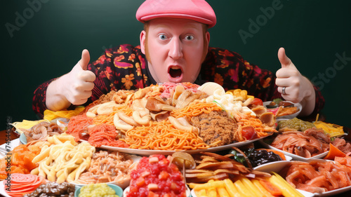  Youtuber, streammer or influencer man with parodic expression  recording Mukbang content at studio setup ready to eat a lot of food on black background. South Korea eating show broadcast. photo