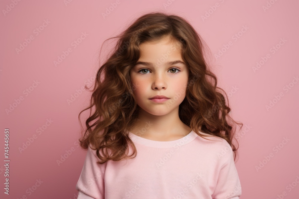 Portrait of a beautiful little girl with long curly hair on a pink background Portrait of a beautiful little girl with long curly hair on a pink background