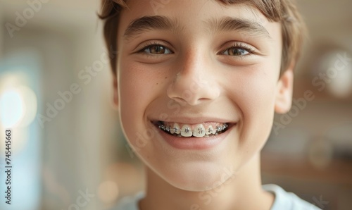 A smiling teenager with braces mouth, close up