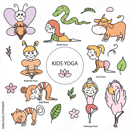 Set of kids yoga animal poses. Cat, cow, butterfly, flamingo, snake asanas. Vector cartoon illustration in doodle style.