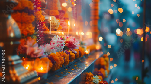 Cena tranquila em um santuário hindu decorado com guirlandas florais e velas enquanto devotos prestam suas homenagens