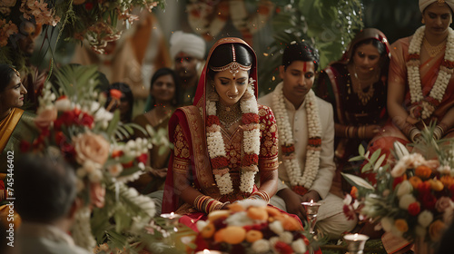 Um casamento hindu tradicional noivos adornados em vermelho e dourado família e amigos vestidos tradicionalmente com decoração floral e símbolos religiosos photo