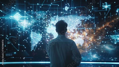 Digital analytics data visualization. Person standing in front of holographic displays. Big data. Network connection. Artificial intelligence technology. Digital tech. 