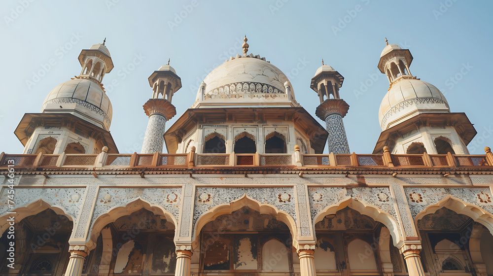 Mesquita deslumbrante detalhes arquitetônicos contra o céu azul em um meio de tiro com lente de 50 mm - obrazy, fototapety, plakaty 
