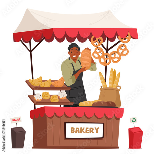 Friendly Salesman Baker Character In Apron Stands Behind A Market Stall, Offering A Freshly Baked Loaf Of Bread