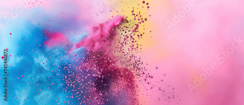 Holi festival background with colorful powder splash  wide pink banner with copy space