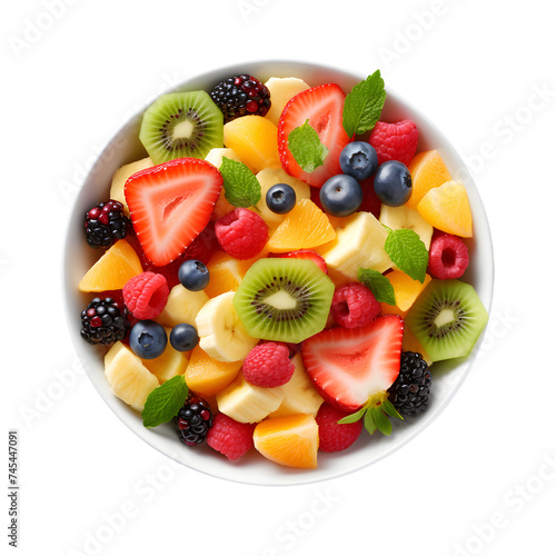 Fruit salad in a plate isolated on transparent background  top view.  Healthy diet food.