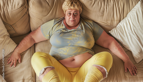 Eine dicke blonde Frau liegt auf ihrem Sofa. Sie fühlt sich sichtbar unwohl in ihrer Haut. KI generiert.