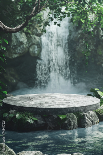 a rock podium designed to showcase products waterfall background