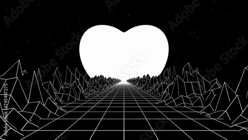 Fototapeta Naklejka Na Ścianę i Meble -  3d abstract black and white retroway. Retro 80s 90s retrowave landscape topographic. Grey mountains with neon love hrart sunset. Sci-fi y2k viral romantic space sky glowing stars	
